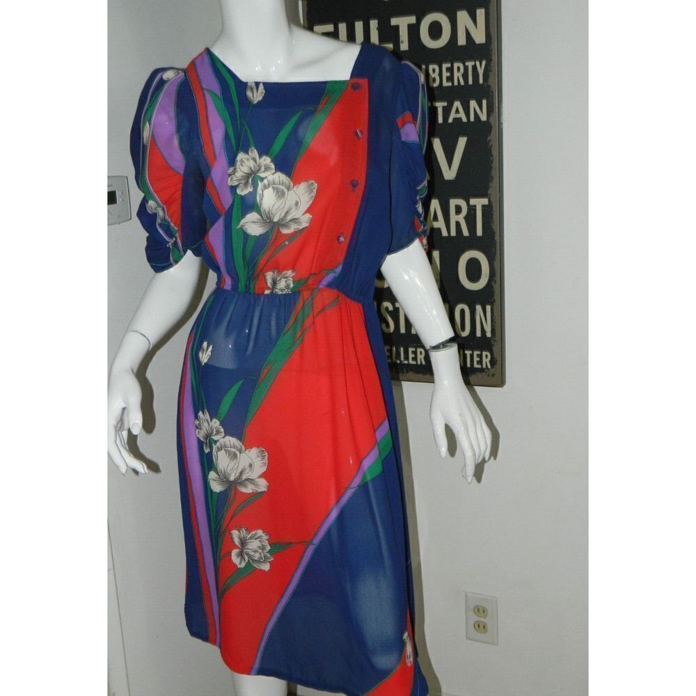 Vintage Vivian's California Dress Women's Blue Red‎ Floral Puffy Sleeve Medium